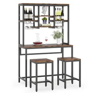 3 Pieces Dining Table Set with 4 open storage shelves and 2 wine glass racks Wood Bar Tables with Chairs Brown
