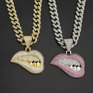 2023 Hiphop Full Diamond Iced Out Sieraden Hoge Kwaliteit Vergulde Luxe Dames Cubaanse Link Lip Vorm Tanden Hanger