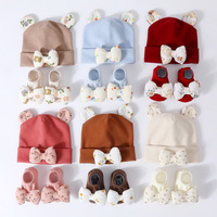 Conjunto de Gorro y Calcetines para Bebé Recién Nacido, Diseño de Lazo, Color Sólido, Algodón y Poliéster