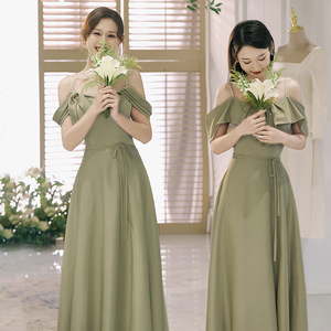 Bridesmaid Dresses Satin Off Shoulder Ruffle Long Green Wedding Party Dress Women's Spring Formal Gown - Product Image 2