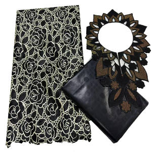 Tela de encaje floral de algodón jacquard Bazin africana tradicional ecológica y hermosa, 2.5+2.5 yardas + 1 cuello de encaje para hombre - Product Image 1