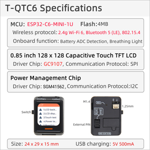 En stock LILYGO T-QTC6 ESP32-C6 Écran tactile TFT 0,85 pouce 128x128 WiFi 6 BLE5 Mini carte de développement - Product Image 5