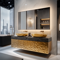 Conjunto de Muebles de Lujo para Baño Moderno con Gabinete de Tocador Dorado y Doble Lavabo