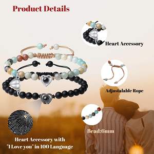 Bracelet magnétique romantique coeur d'amour en pierre naturelle Couple Projection en forme de coeur 100 langues Bracelet longue Distance pour cadeau - Product Image 3
