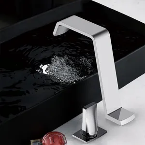 Black Basin Faucet Deck Mounted 2 Hole Washing Basin Mixer Tap Unique Waterfall Spout Hot Cold Toilet Water Tap