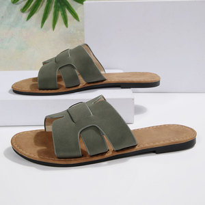 Sandales plates pour femmes à lanières tressées aspect daim, à bout ouvert, à enfiler, pour la plage, Marron Vert Beige - Product Image 3