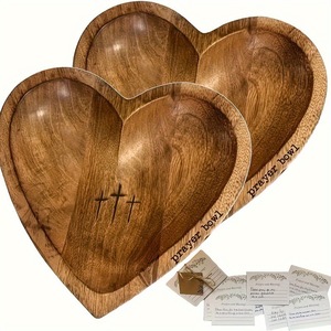 Heart Shaped <b>Wooden</b> Prayer Bowl With Cross Engraving Wedding Gift Boxed Set - Product Image 3