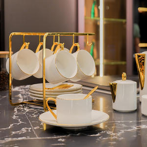 Golden Rim Ceramic Coffee <b>Cup</b> <b>Set</b> With Metal Rack Six Piece For Party Use - Product Image 3