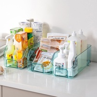 Boîte de rangement transparente bleu clair en plastique avec roulettes pour réfrigérateur, pour le stockage de boissons, fruits, légumes, et pour armoire de cuisine