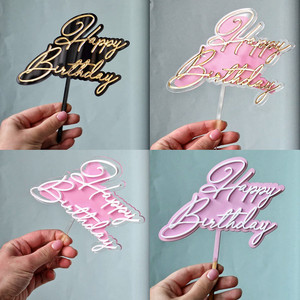 ท็อปเปอร์เค้กอะคริลิค รูปน้ำผึ้งและน้ำหวาน สุขสันต์วันเกิด ตกแต่งเค้กสองชั้น สีชมพูทอง - Product Image 5