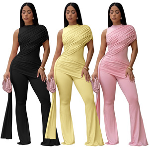 M1025 - Elegante Tuta Estiva con Spalle Scoperte e Arricciature, Nastri Svolazzanti, Sexy Romper da Donna - Product Image 1