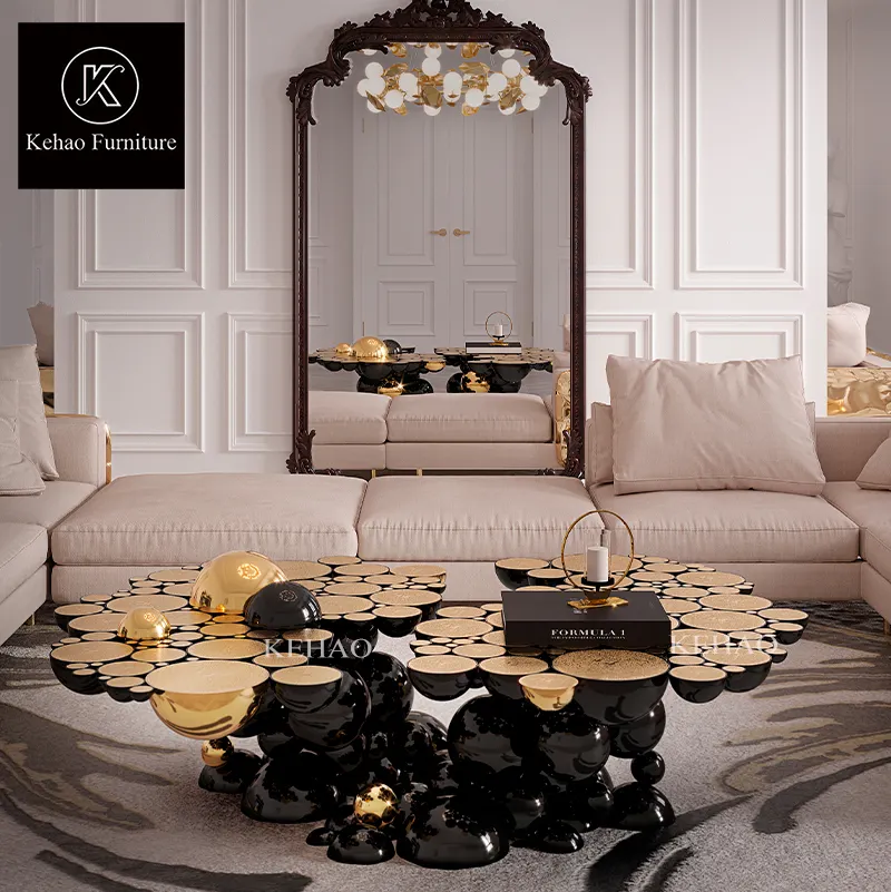 Современные роскошные круглые столы для гостиной с золотым поворотом, высокий глянцевый центральный стол, мебель для виллы