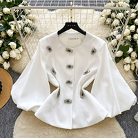 Blusas Casuales de Manga Larga con Cuello Redondo para Mujer, Estilo Otoño, Manga Farol, Camisas Sólidas con Diamantes, Tops de Fiesta para Mujer, Ropa al por Mayor