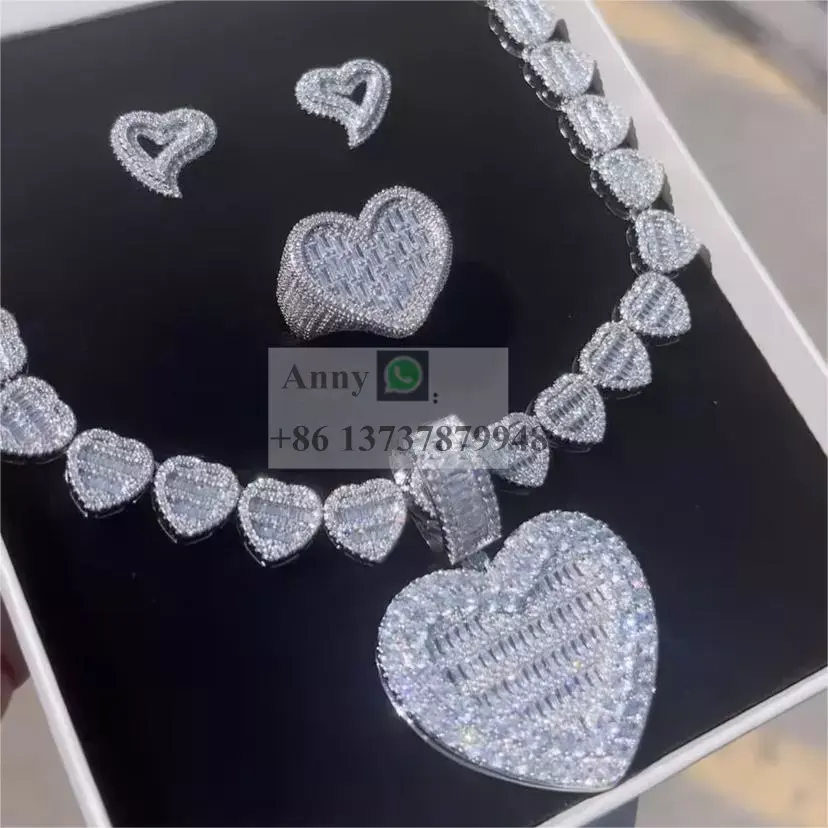 Ins Hot Sale New Bling Iced Out Crushed Heart Necklace Silver Custom Heart Locket Pendant Baguette Heart Ring Open Earrings sets