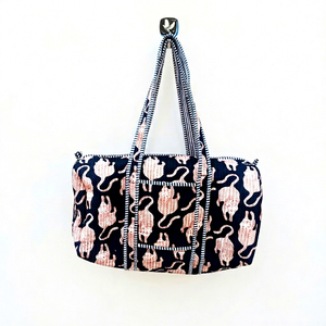 Pink <b>Cat</b> Pattern Cotton Travel Duffel Bag Large Capacity Weekender with Striped Straps - Product Image 1