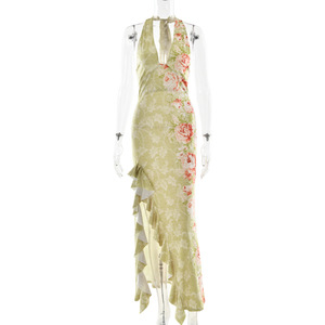 Robe longue imprimée à col halter pour femme, dos nu, fente haute, robe de soirée asymétrique - Product Image 5
