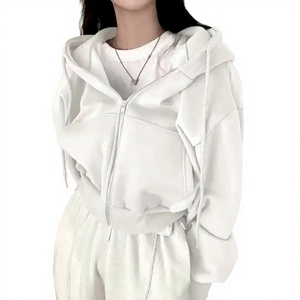 Unisex <b>White</b> <b>Oversized</b> Crop Zip-Up Hooded Sweatshirt Casual French Terry <b>Hoodie</b> Autumn Wear - Product Image 1