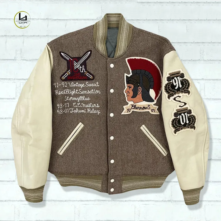 HL manufacture high quality knitted wool linen fabric letterman baseball jacket men with leather sleeve custom varsity jacket