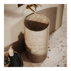 <span class=keywords><strong>Lavabo</strong></span> de baño de mármol travertino <span class=keywords><strong>Beige</strong></span> de diseño moderno, lavabos independientes para el hogar del hotel con pedestal cilíndrico y escurridor - Product Image 1