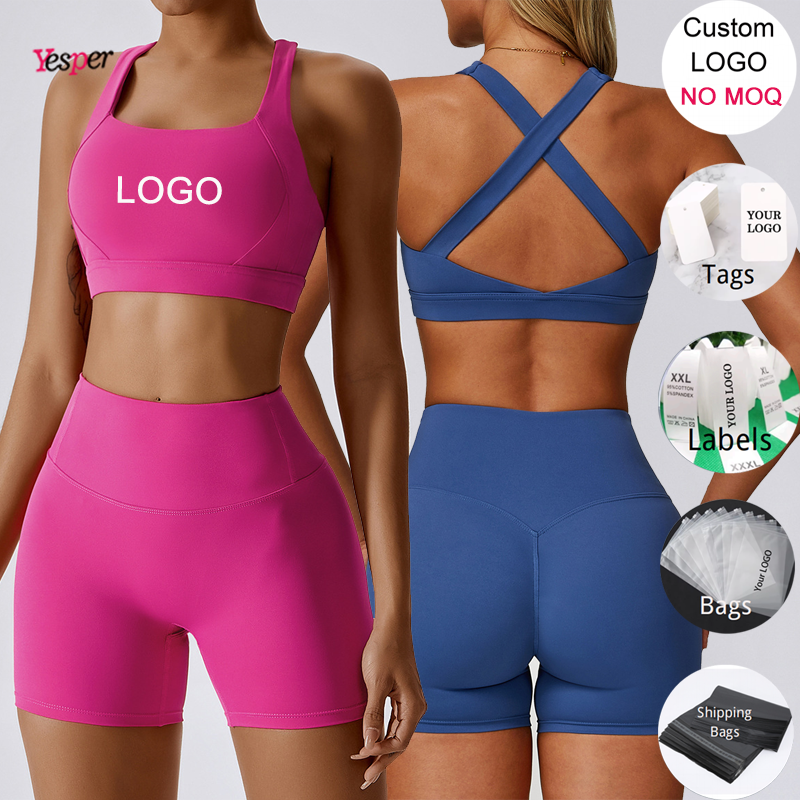 Hot Women's Workout Yoga Set 2-Piece Breathable Crop Top Sports Bras Solid Sweat Shorts High-Waisted Active Wear