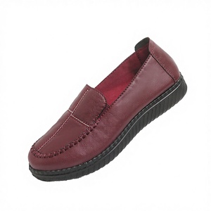 Women's Burgundy Leather Loafers Hand-Stitched Design Soft <b>Work</b> Closed Toe Flexible Rubber Sole <b>Comfortable</b> Casual Sock Straw - Product Image 2