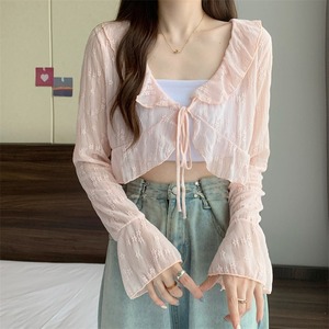 甘いフリルパッチワーク服女性用夏用薄いカーディガンデザインブラウスショートトップ - Product Image 3