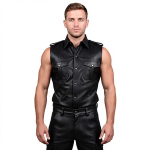 Black Leather Sleeveless Shirt Cut <b>Off</b> Button Front Mens Leather Vest Muscle Tank Top for Festival and Rave Wear - Product Image 1