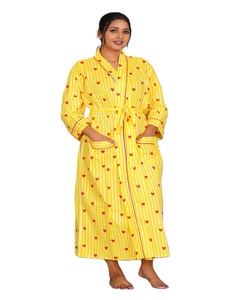 ผู้ส่งออกชาวอินเดียจำหน่ายชุดกิโมโนผ้าฝ้ายสีเหลืองลายพิมพ์ดอกไม้แบบแฮนด์บล็อกพิมพ์  ขนาดใหญ่พิเศษ สำหรับใส่พักผ่อน มีราคาขายส่ง - Product Image 1