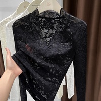 Chemisier transparent à manches longues en dentelle pour femme, col en V, motif floral, coupe ajustée, ajouré, respirant, idéal pour superposer
