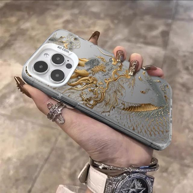 Creative Color-printed Gold Dragon Pattern Phone case for iPhone 15 16 17 Pro Max Cartoon Matte Anti-drop Protective Cover