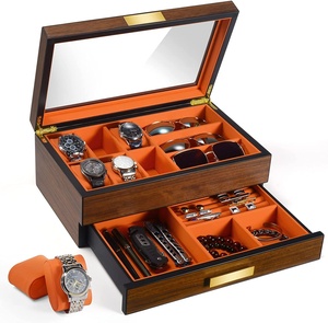 6 Slot wooden watch box luxury PU leather watch box case with Valet Drawer and Real Glass and drawer