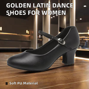 Zapatos de Baile Latino de Salón para Mujer, Negros, de PU, con Correa Mary Jane y Tacón Medio - Product Image 2