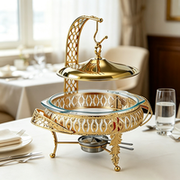 Réchaud alimentaire rond décoratif FLEY en acier inoxydable avec bol de service en verre, brûleur à alcool et support surélevé pour buffets de restaurant