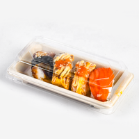 Plateau à sushi dessert à la bagasse de canne à sucre sans Pfas personnalisé contenants à sushi biodégradables jetables à emporter avec couvercle en plastique
