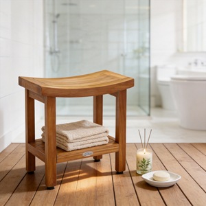Tabouret de douche en teck pour salle de bain, profondeur 30,5 cm x largeur 45,7 cm x hauteur 45,7 cm, siège en bois massif imperméable avec étagère de rangement - Product Image 2