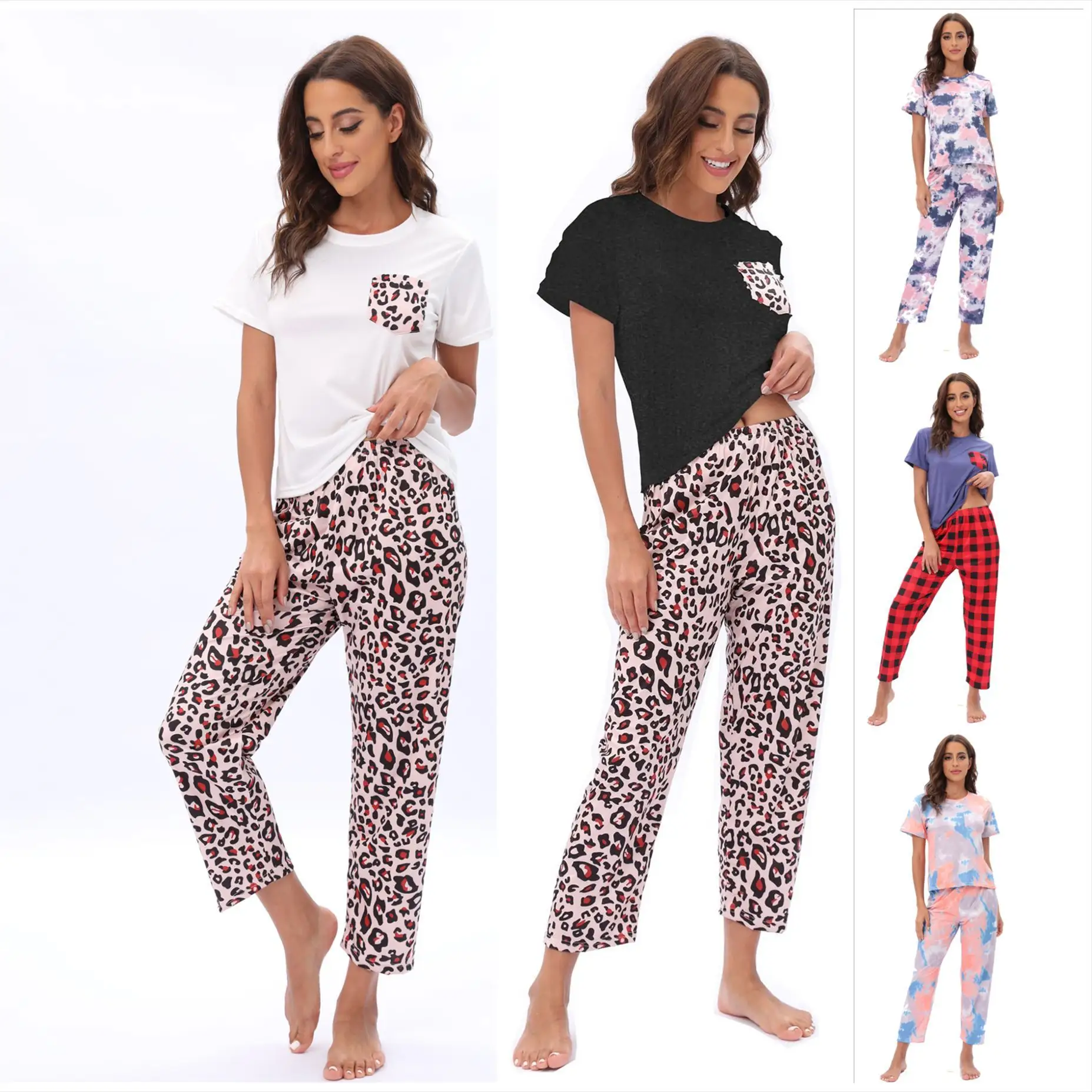 Pantalon de costume à la maison pour femmes pyjamas imprimé motif cravate teinture mode manches courtes col rond avec poche imprimé léopard nouveau automne tissé