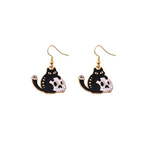 Netter <span class=keywords><strong>Halloween</strong></span> Schädel schwarzer Kitty Haken Ohrring für Frauen Schmuck Emaille Katze Sonne Mond Stern Geist baumeln Piercing Party Ohr Geschenk - Product Image 1
