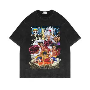 Washed distressed short sleeve t-shirt american retro oversize anime one piece luffy short sleeve t clothing for men