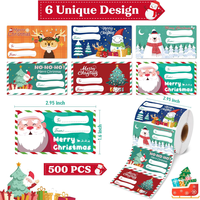 Rouleau d'étiquettes cadeaux de Noël 1,6''x2,95'' 500 pièces 6 motifs Père Noël Bonhomme de neige Ours Autocollant de Noël imperméable auto-adhésif