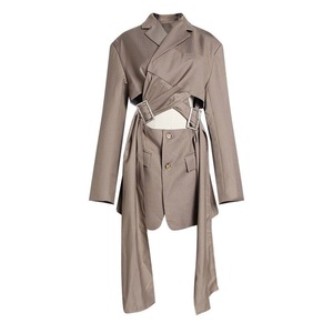 A cuadros de mujeres Irregular <span class=keywords><strong>Mujer</strong></span> Chaquetas de manga larga Cruz vendaje hebilla de dos <span class=keywords><strong>traje</strong></span> de abrigo - Product Image 3