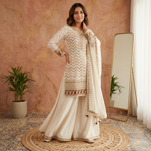 Traje Salwar Tradicional Bordado en Crema con Dupatta, Corte Holgado y Largo hasta el Suelo, Ropa India y Pakistaní para Mujer - Product Image 1