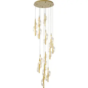Moderne Gouden Kroonluchter, Hanger Titanium Gouden Trapkroonluchter Verstelbare Hoogte Hangende Plafondlamp