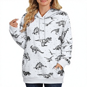 Sweat-shirt à capuche imprimé dinosaure unisexe, surdimensionné, à manches longues, décontracté, en tricot blanc, avec poches - Product Image 2
