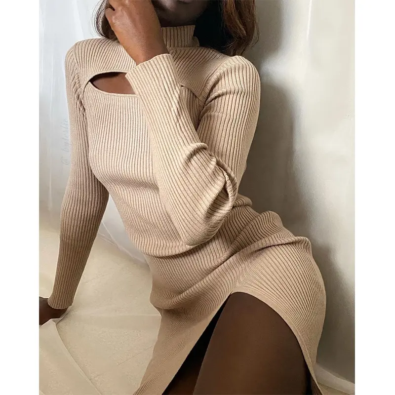 New arrival women's factory high quality wholesale price apricot ribbed hollow slit long sleeve sexy bodycon dress