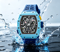 Montre-bracelet automatique pour homme, forme tonneau, mouvement squelette complet, bracelet en caoutchouc, style sport décontracté