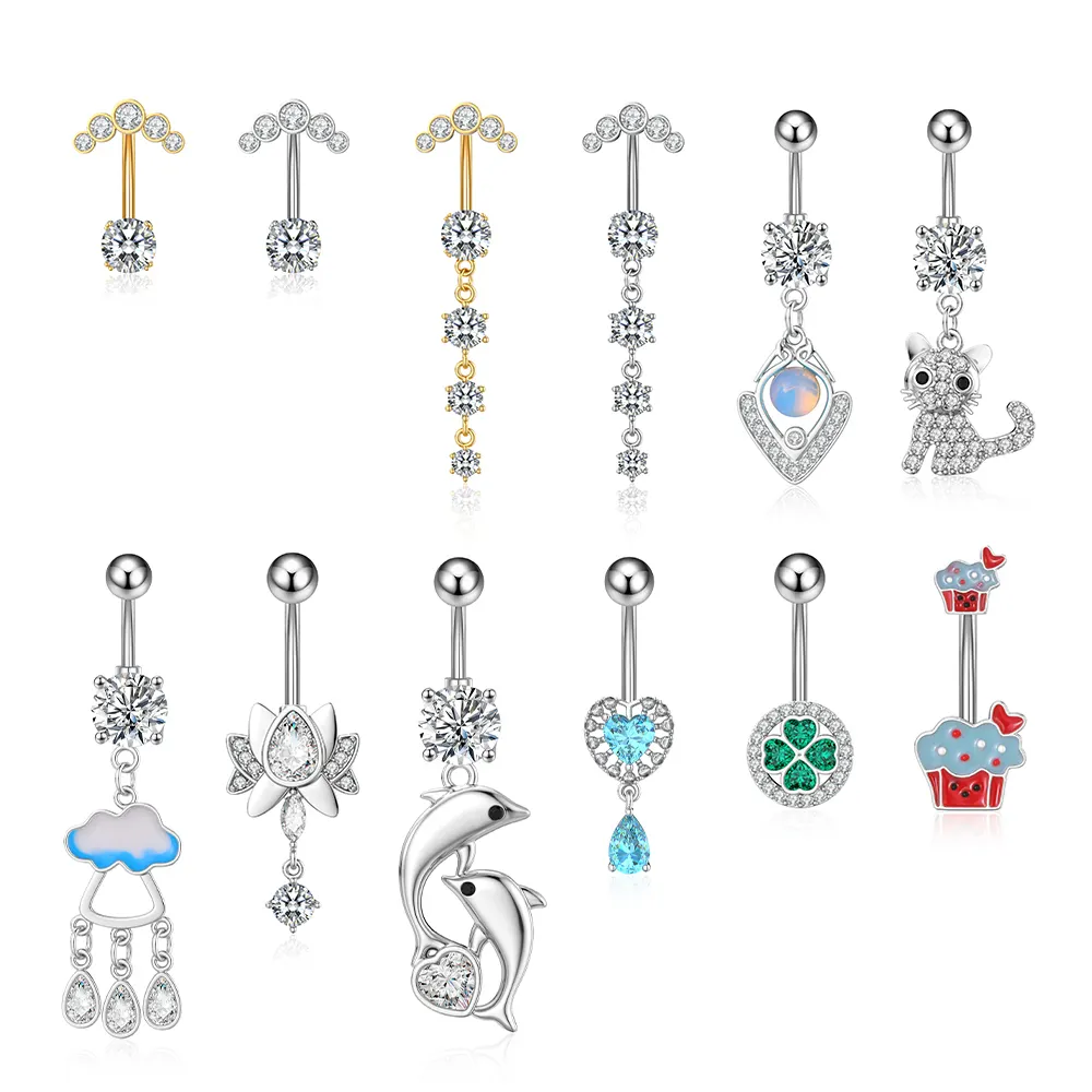 10 Stks/set Grote Zirkoon Navel Ring Bengelen Kitten Ijs Navel Ringen Chirurgische Stalen Piercing Dolfijn Trendy Lichaam Sieraden