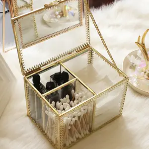 Personalizado atacado moderno moda barato ouro metal cobre caixa de armazenamento de jóias, vidro transparente caixa de jóias
