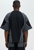 Vêtements de fabrication artisanale à épaules tombantes, imprimés, gris et noir, design patchwork color block, tricotés, style hip-hop, respirants, séchage rapide, coupe classique