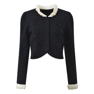 Cárdigan Corto de Punto con Cuello de Encaje de Diseño Moderno para <span class=keywords><strong>Mujer</strong></span>, Manga Larga, Color Sólido, Estilo Básico, Mano de Obra <span class=keywords><strong>Fina</strong></span> con Cuentas - Product Image 1