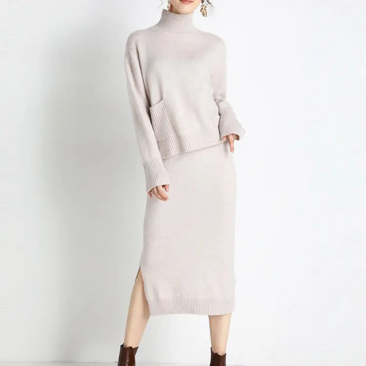 Tùy Chỉnh Giản Dị Chất Lượng Cao Dài Tay Áo Đan Len Cashmere Đan Quần Và Áo Len Hai Mảnh Thiết Lập Phụ Nữ Áo Len Thiết Lập